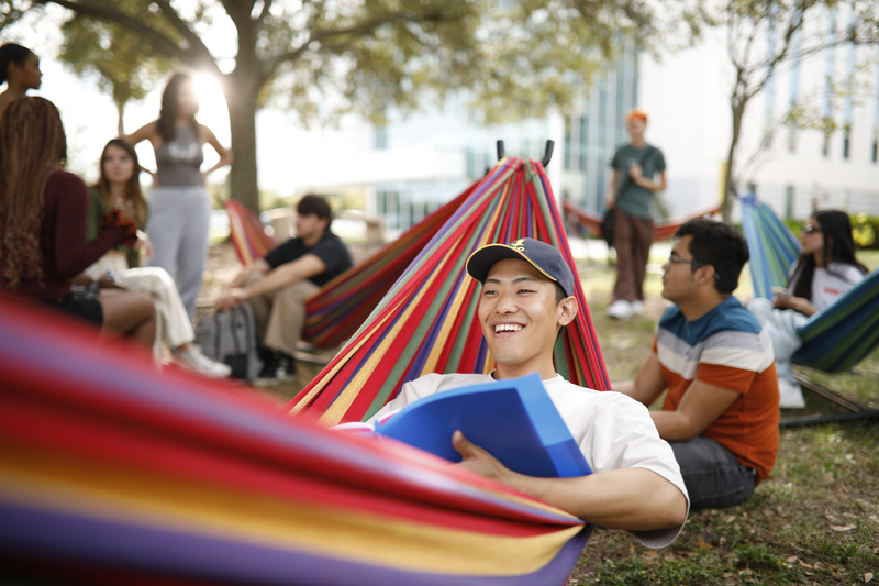Asian male student sitting in a hammock. 